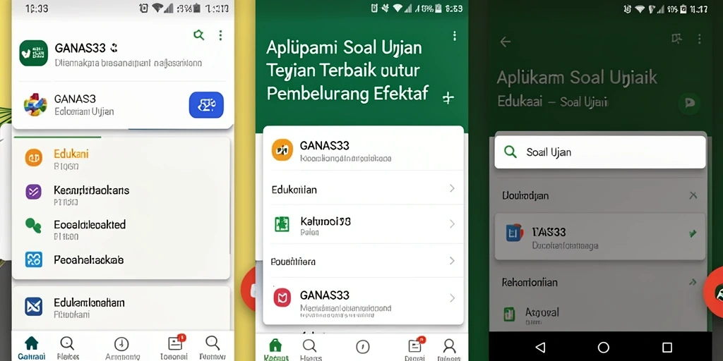 Tampilan antarmuka utama GANAS33 menunjukkan fungsi Soal Ujian interaktif.