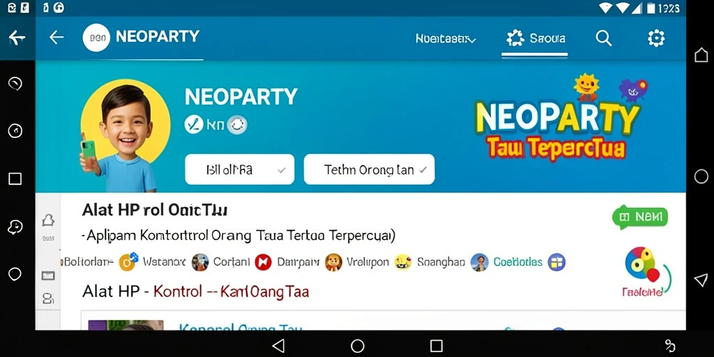 Screenshot antarmuka NEOPARTY menampilkan fitur kontrol orang tua yang intuitif.